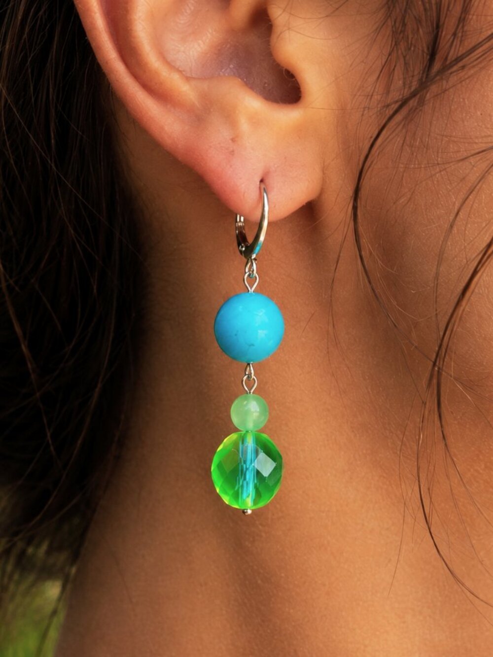 Turquoise Blue and Green Beaded Earrings – Howlite, Chrysoprase, and Glass